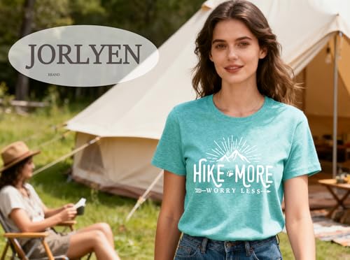 Women Hiking Camping Workout Shirts Hike More Worry Less Funny Graphic Summer Climbing Outdoor Activewear Letter Printed Tee Casual Tops, Aqua Blue M