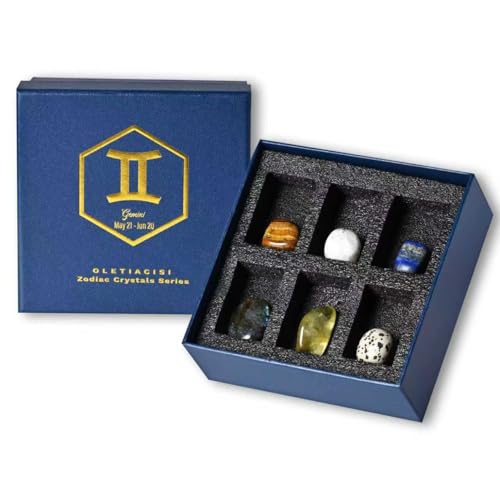 Oletiacisi Gemini Crystals Gift Set - 6 Zodiac Healing Crystals & Birthstones in Premium Gift Box with Greeting Card & Guidebook. Perfect Gemini Gifts for Birthdays, Anniversaries & Self-Care
