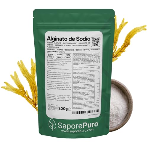 SaporePuro Alginato de Sodio en polvo 200 g – Espesante, Gelificante y Estabilizante Alimentario – Ideal para Cocina Molecular – Sin Gluten