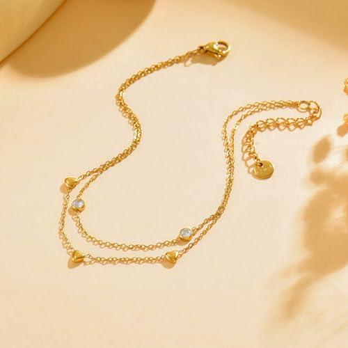 Image of NONAMOIS Ankle Bracelets for Women Dainty 18K Gold Plated Anklet Waterproof Round Beaded Paperclip Herringbone Pearl Chain Anklets Waterproof Beach Foot Jewelry