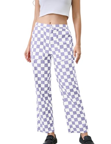Womens Checkered Pants Zip Off Plaid Gingham Pants Casual Elastic High Waist Straight Leg Jeans with Pockets Purple White