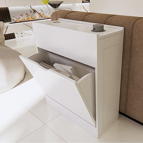 Side Table With Storage, End Table With Usb Ports And Outlets, Nightstand With Pop-Up Usb Charging Station, Drawer, Storage Cabinet With Large Flip Drawer Storage For Living Room, Bedroom White #TOP6