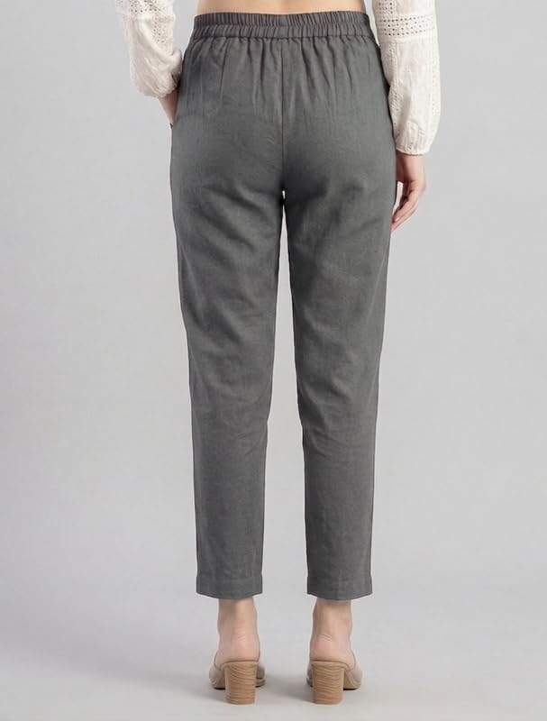Image of Solid Cotton Woman Trousers Pants Regular Fit Kurti Pant with Drawstring Daily Office Formal Casual Use