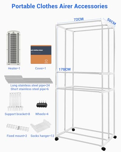KASYDoFF Electric Clothes Dryer, 1600W-1.7 Meter Heated Clothes Airer (Anion) with 360 Mins Timer, 3-Tier Foldable Electric Heated Clothes Airer Rack with 12 Hangers for Indoor, Apartment - Image 6