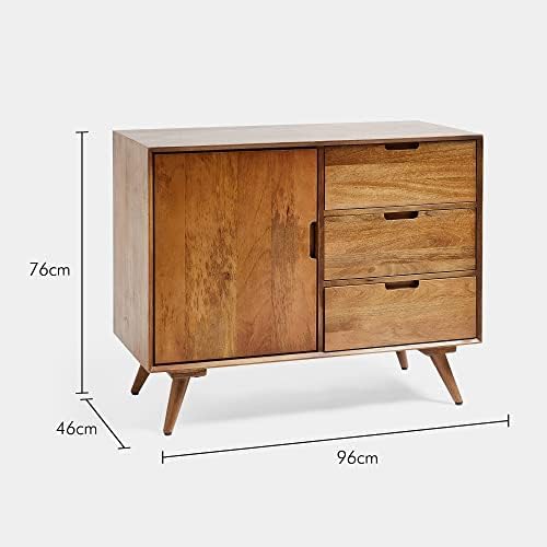 Spinningfield Mango Wood Sideboard  Large Solid Wood Unit with 1 Door Cupboard, Interior Shelving & 3 Drawer Spacious Storage - Mid Century Modern & Contemporary Style for Lounge Living & Dining Room