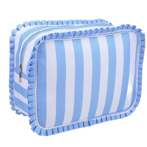 SilTriangle Blue Striped Ruffle Makeup Bag Large Travel Cute Checkered