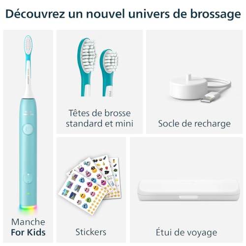 Philips Sonicare For Kids – brosse à dents électrique sonique intelligente avec appli, 3 ans+, 2 modes douceur, minuterie sonore/lumineuse 2 min, 2 têtes de brosse (standard/mini), bleu, HX6600/13