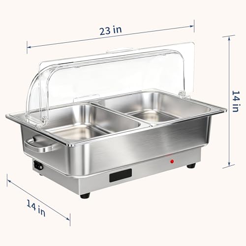 PrecisionAuto 9QT Electric Chafing Dish Buffet Set – Commercial Stainless Steel Food Warmer with Roll Top, Clear Lid, Accurate Temperature Control, 1 Full Size & 2 Half Size Pans by PrecisionAuto - Used condition - Image 8