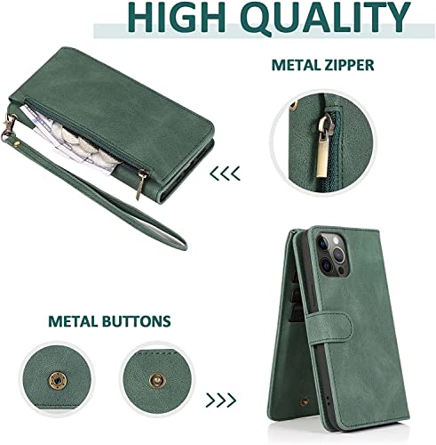 Coque iPhone 13 Pro verte avec porte-carte et fermeture magnétique