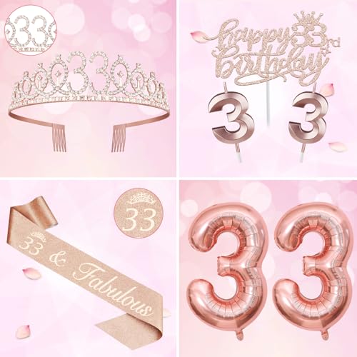 33 Birthday Decorations for Women, Including 33rd Birthday Sash and Tiara, Cake Topper and Candles, Number Balloons, 33 Year Old Gifts for Women by YeohJoy - Image 3
