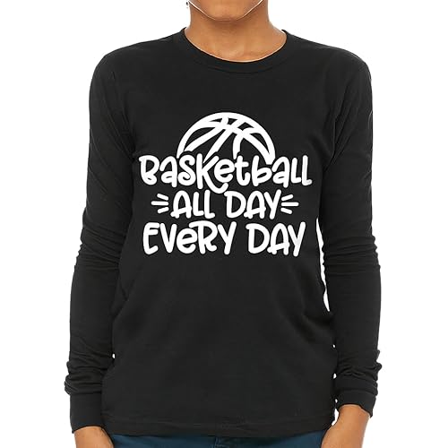 Basketball All Day Every Day Kids' Long Sleeve T-Shirt - Basketball Clothing - Gifts for Basketball Boy - Black, S