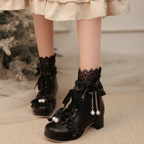 LUXMAX Women Lace Up Ankle Boots with Bow Kawaii Shoes Chunky Mid Heel Japanese Cosplay Shoes Platform Cute Lolita Boots4