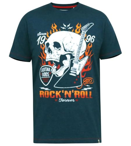 Image of D555 Crew Neck T-Shirt for Men Skull with Flames Print in Navy/Blue, 5XL