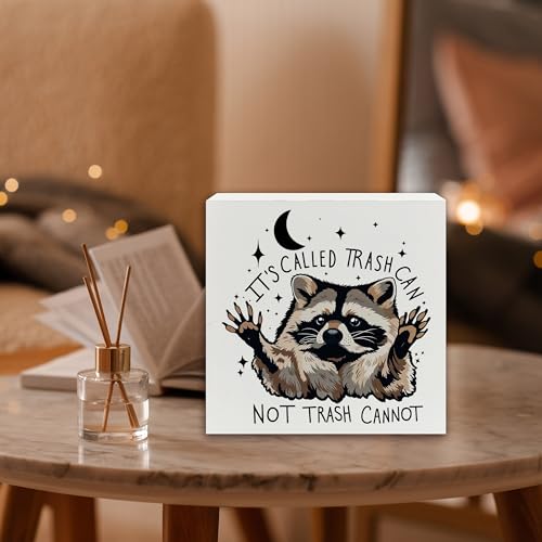 XUNLURY Funny Sarcastic Raccoon Wooden Box Sign, Funny Office Gifts for Coworkers Women Men, It's Called Trash Can Inspirational Trash Panda Wood Block Sign for Office Desk Shelf Table Decor, 5x5 Inch — view 4