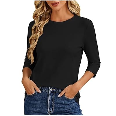 Women's Classic Solid Tops T-Shirt 3/4 Sleeve Crew Neck Pullover Shirt Tunic Casual Lounge Work Everyday Clothing Black