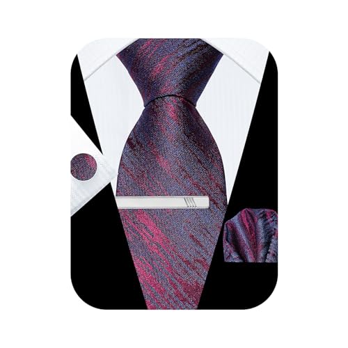 STEFANO CORVALI Tie and Pocket Square Set with Cufflinks and Clip Ties for Men Necktie and Handkerchief Set Formal Wedding Business Burgundy Stripe, Blue Burgundy Stripe, Standard