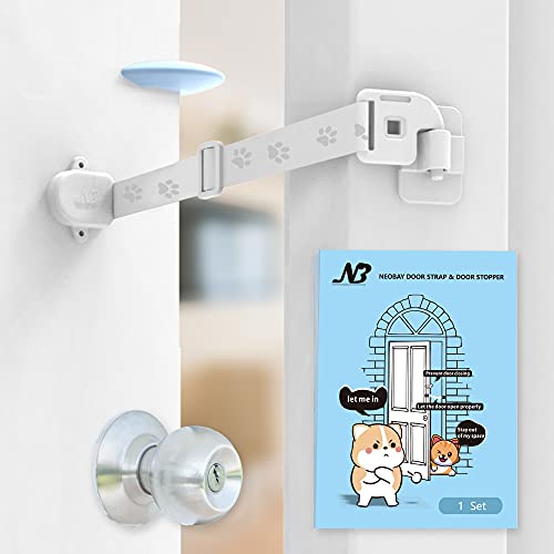 Neobay Adjustable Door Strap and Latch, Damage-Free Cat Door Latch to Keep Dog Out of Litter Box, Economical Alternative of Pet Gates, Basic with Stopper 1 Pack by Neobay - Used condition - US$9.99