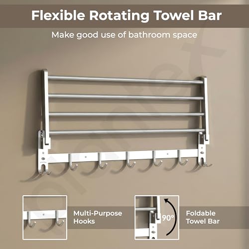 Image of Plantex Folding Towel Rack with Magnetic Hook Rail /Stainless Steel 24 Inch Towel Holder with 5 ABS J-Shape Hooks for Bathroom /Wall Mounted Towel Stand for Clothes - Chrome
