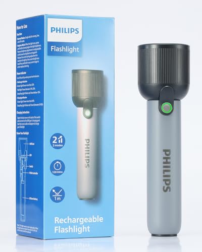 Image of Philips Handheld Torch Light, 2000mAh Rechargeable Torch Light with 2 Modes,400LM & IP44 Waterproof, Portable Flash Light for Home, Camping, Hiking, Emergency（Gray）