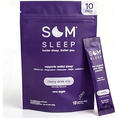 Som Sleep, Restful Sleep Powder Drink Mix w/Melatonin, Magnesium, Vitamin B6, L-Theanine & GABA Vegan, Zero Sugar, Keto Friendly Cherry, 10-Pack
