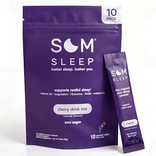 Som Sleep Restful Sleep Powder Drink Mix w/Melatonin Magnesium Vitamin B6 L-Theanine & GABA Vegan Zero Sugar Keto Friendly Cherry 10-Pack