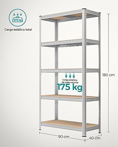 SONGMICS Estantería Pesada de 5 Niveles, Estantería de Acero, Montaje sin Herramientas, para Instrumentos, Garaje, Almacén, Trastero, Carga de 875 kg, 40 x 90 x 180 cm, Plata GLR40SV - imagen 2