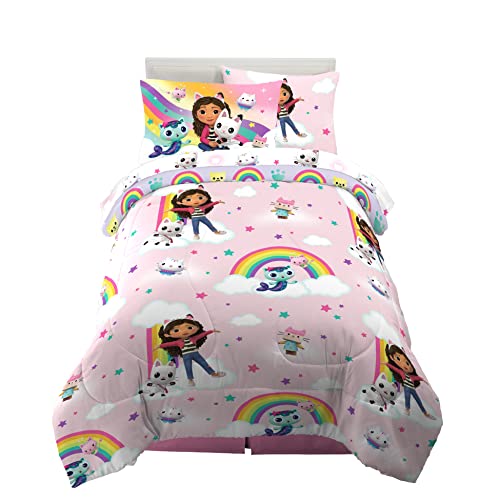 Gabbys Dollhouse Kids Twin Size Bedding 5 Piece Super Soft Cozy Reversible Comforter and Sheet Set with Sham (Officially Licensed Product) By Franco