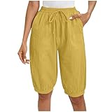 AKTCVVJ Linen Capris for Women Elastic Waist Work Pant Sports Workout Pant Fashion Summer Capris with Pockets Yellow