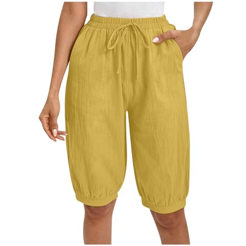 AKTCVVJ Linen Capris for Women Elastic Waist Work Pant Sports Workout Pant Fashion Summer Capris with Pockets Yellow
