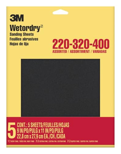 3M Wetordry Sandpaper, 5 Sheets, 9 in x 11 in, Assorted Grits (220 / 320 / 400), Use for Wet and Dry Sanding, For Sanding Between Coats of Varnish, Lacquer, Paint & Other Finishes (9088DC-NA)
