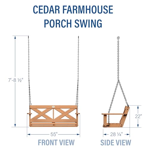 Image of Backyard Discovery 55 inch Cedar Wood Farmhouse Outdoor Porch Swing Bench with Two-Person Seating, Durable Hanging Chains, Water-Resistant, Heavy-Duty 600 Lbs Weight Capacity for Patio, Deck, Garden