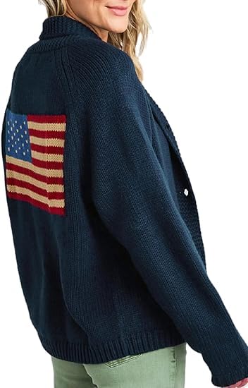 Women's American Flag Knit Sweater Cardigan Fold Collar Cardigans Long Sleeve Button Front Knitwear Shawl Coats