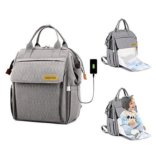 Diaper Bag Backpack, WiseWater Multifunction Travel Back Pack Maternity Baby Changing Bags, Large Capacity, Waterproof and Stylish, Maternity Nappy Bag with USB, Grey