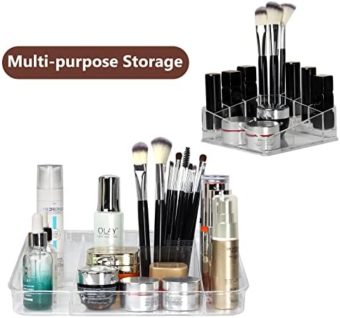 Top-Spring Makeup Organiser - Acrylic Make Up Storage Organizer Tray - Stackable Clear Makeup Box - Skincare Perfume Lipstick Organisers Cosmetic Case for Bathroom Bedroom Desk Drawers (Brown)