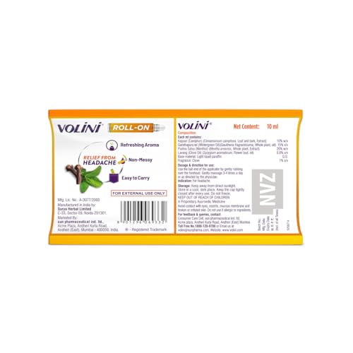 Image of Volini Headache Relief Roll-On, 10ml, Instant Relief, with Clove & Mint, Non-Sticky, On-the-Go Relief - Pack of 3