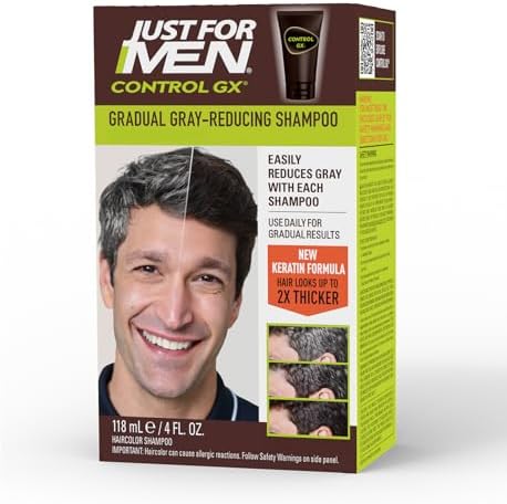 Just for Men Control GX Grey Reducing Shampoo, Gradual Hair Color with Keratin for Stronger Thicker and Healthier Looking Hair, 4 Fl Oz - Pack of 1 (Packaging May Vary)