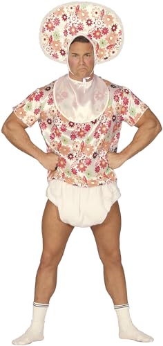 FIESTAS GUIRCA | Erwachsenenkostüm Baby (52-54/L) – Lätzchen, T-Shirt, Haube und Windel – Perfekt für Junggesellenabschiede, Kostümpartys, Fasching und Feiern – Für erwachsene Männer – Weiß und mehrfa