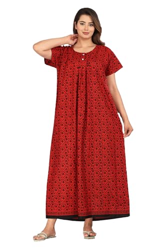 Image of Kuruti B Sheets Cotton Nighty for Women Jaipuri Print 2 Button Round Neck Short Sleeve Night Gown | Maxi Dress