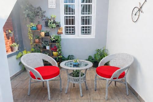 Image of India Garden Patio Seating Chair and Table Set Outdoor Balcony Garden Coffee Table Set Furniture with Table and Chairs Set (Grey with Red Cushion 2+1)