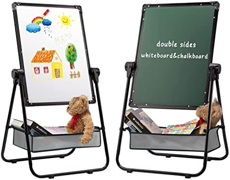 DOEWORKS Kids Art Easel Childrens Easel with Storage Bag Magnetic Whiteboard for Kids, Double Sides Whiteboard & Chalkboard U-Stand Drawing Board, Height Adjustable 360°Rotating, Black