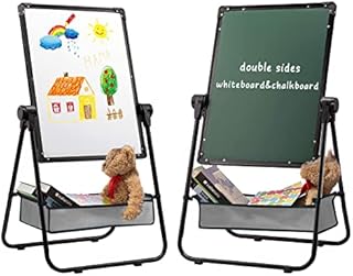 DOEWORKS Kids Art Easel Childrens Easel with Storage Bag Magnetic Whiteboard for Kids, Double Sides Whiteboard & Chalkboard U-Stand Drawing Board, Height Adjustable 360°Rotating, Black