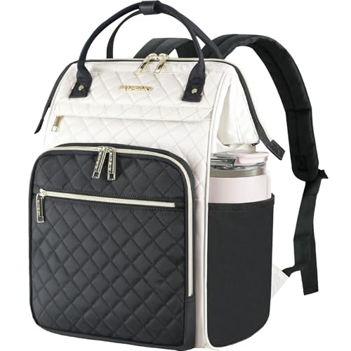 EMPSIGN 17 Inch Laptop Backpack for Women, Work Business Travel Computer College Bags, Large Capacity Water-repellent Quilted Casual Daypack Bookbag for School, Beige-Black