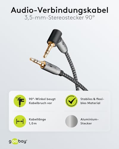 goobay 65278 AUX Audio 1m / 90 Grad Winkelstecker / 3,5 mm Klinkenkabel Stoffmantel/Passend für Handy, Kopfhörer, Konsole