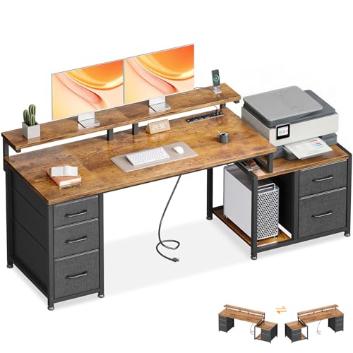 AODK 68'' Computer Desk with Printer Shelf, 5 Fabric Drawers & Power Outlet