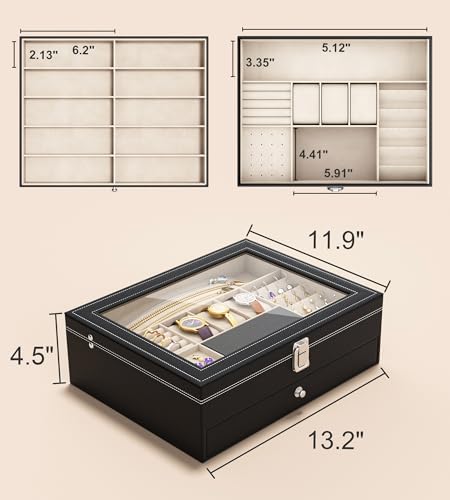 Image of NEWLOOP Jewelry Sunglasses Organizer for Women - 2 Layer Storage Box with 10 Eyeglass Slots 3 Watch Holders Necklace and Earring Compartments Velvet Lined Jewelry Box Eyeglass Box Watch Box Display