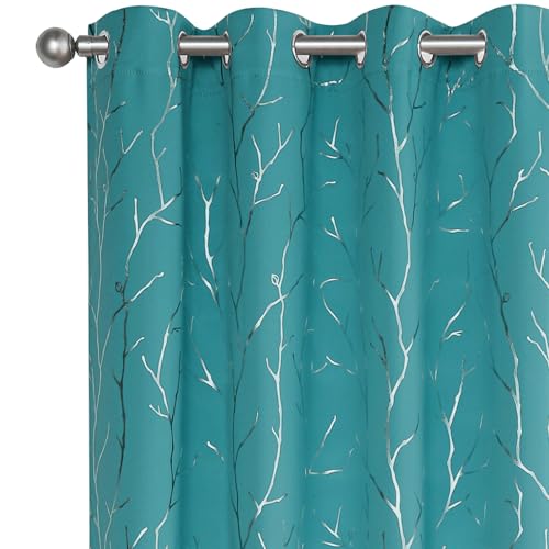 BUHUA White Black Out Curtains 84 Inch Long 2 Panels, Soundproof Curtains with Elegant Silver Tree Branches Print, Heat Blocking Curtains for Livingroom, 52W x 84L, Teal Blue