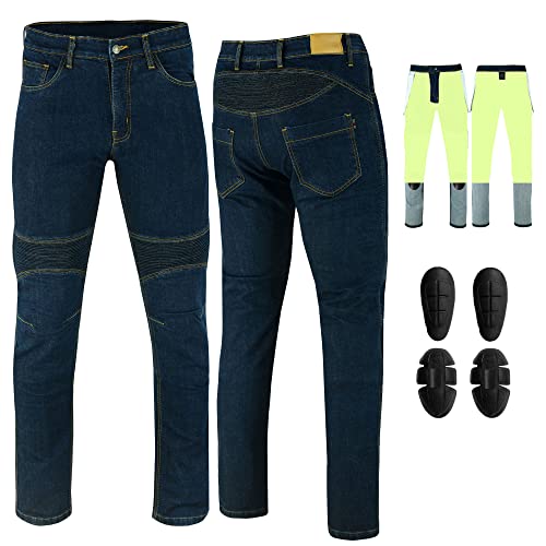 VASTER Men Motorcycle Jeans Motorbike Protective Pants Reinforced Denim Trousers Lined Protective CE Approved Hip & Knee Removable Armored Modern-Fit Blue/Black Denim (Blue, W38 - L34)