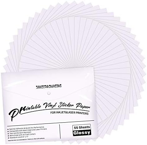 Premium Printable Vinyl Sticker Paper - for Inkjet and Laser Printer - 55 Pack Glossy White Waterproof Inkjet Printable Vinyl - Dries Quickly and Holds Ink Beautifully JANDJPACKAGING