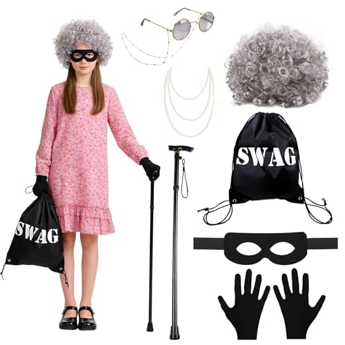 gyoyede Gangster Granny Costume Set World Book Day Costumes for Adults 2026 - Grey Wig Robber Eye Mask Swag Bag Pearl Necklace and Cane for Storybook WBD Fancy Dress Up Cosplay Party Accessories