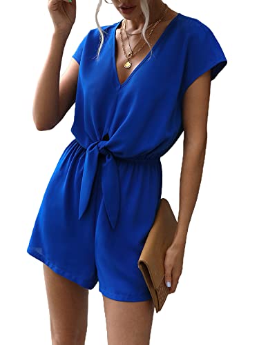 Soly Hux Women's Casual Summer V Neck Short Sleeve Tie Front Romper Short Jumpsuit Solid Royal Blue S #TOP17